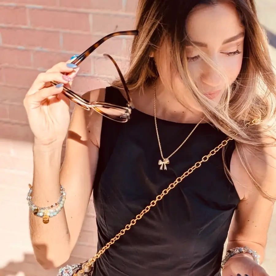 Dainty Gold Necklace with Bow Pendant in Colorful Zirconia