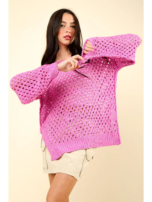 Pink Oversized Tunic Hole Knit Sweater Top