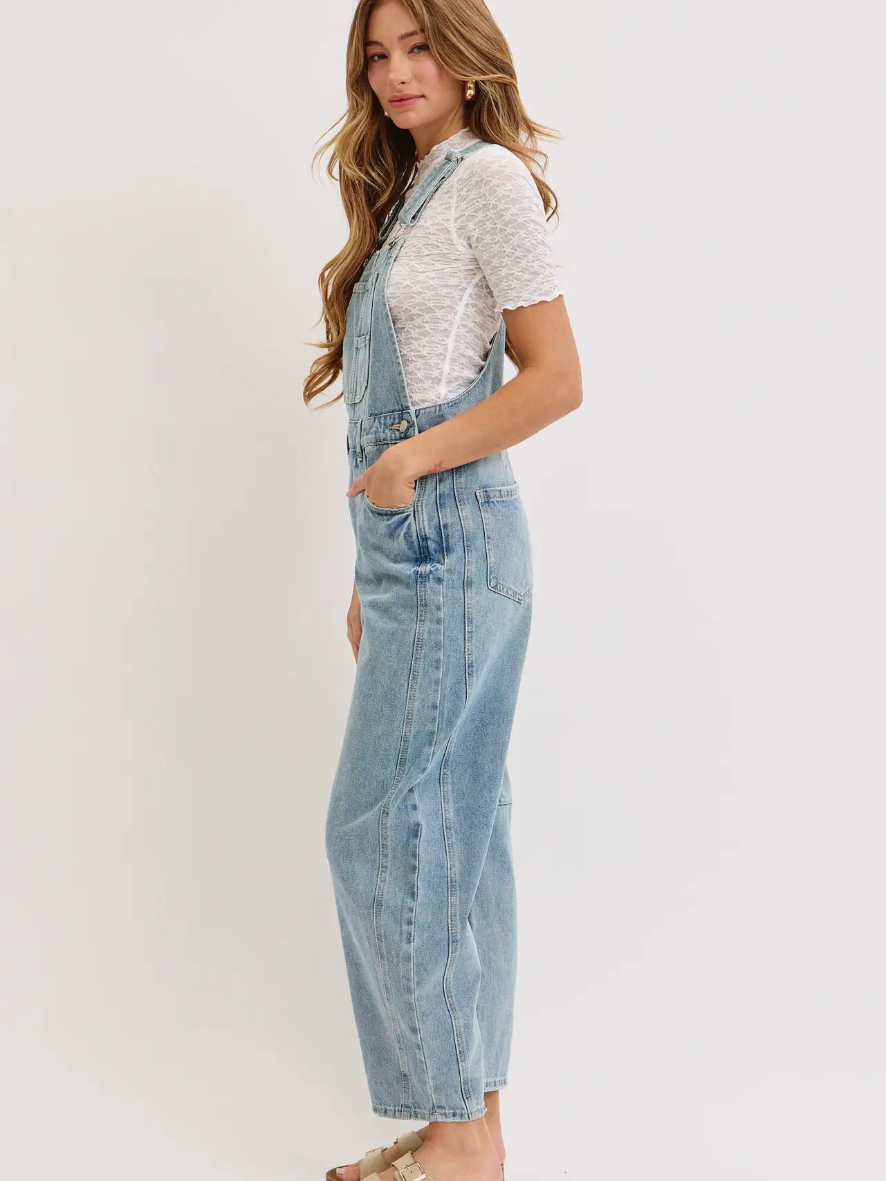 Barrel-Leg Denim Overalls Jumpsuit