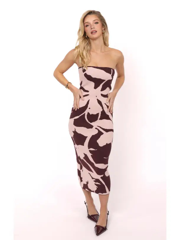 My Dearest Knit Jacquard Tube Dress : Burgundy Pink