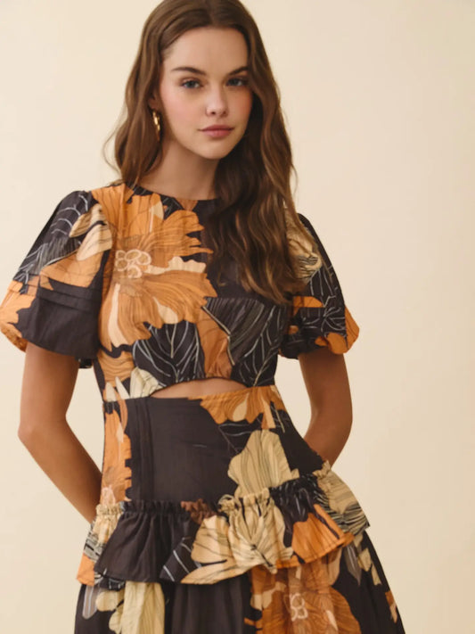 Floral Print Fitted Bodice Waist Cutout Mini Dress