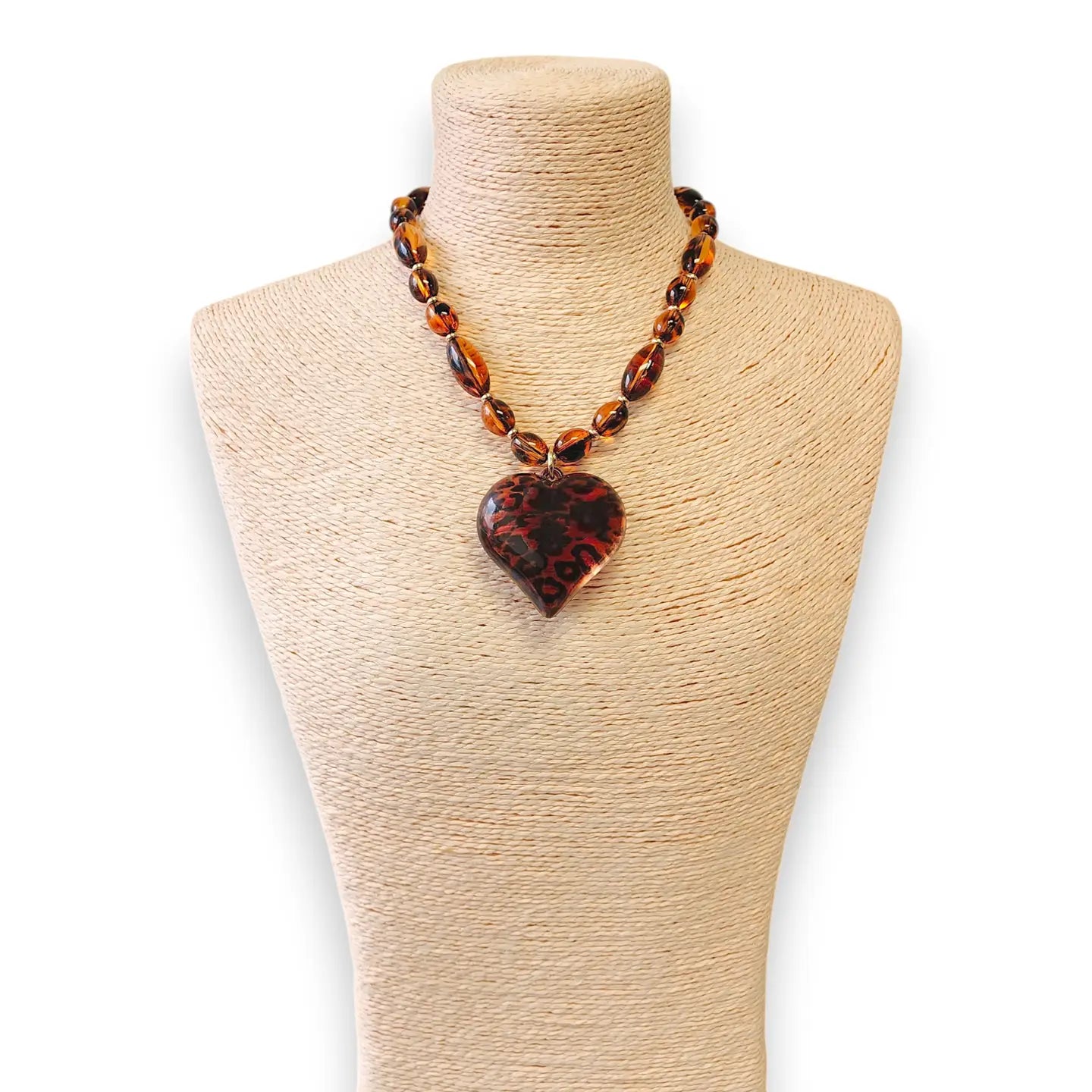 Beaded Tortoise Shell Heart Necklace | Statement Jewelry