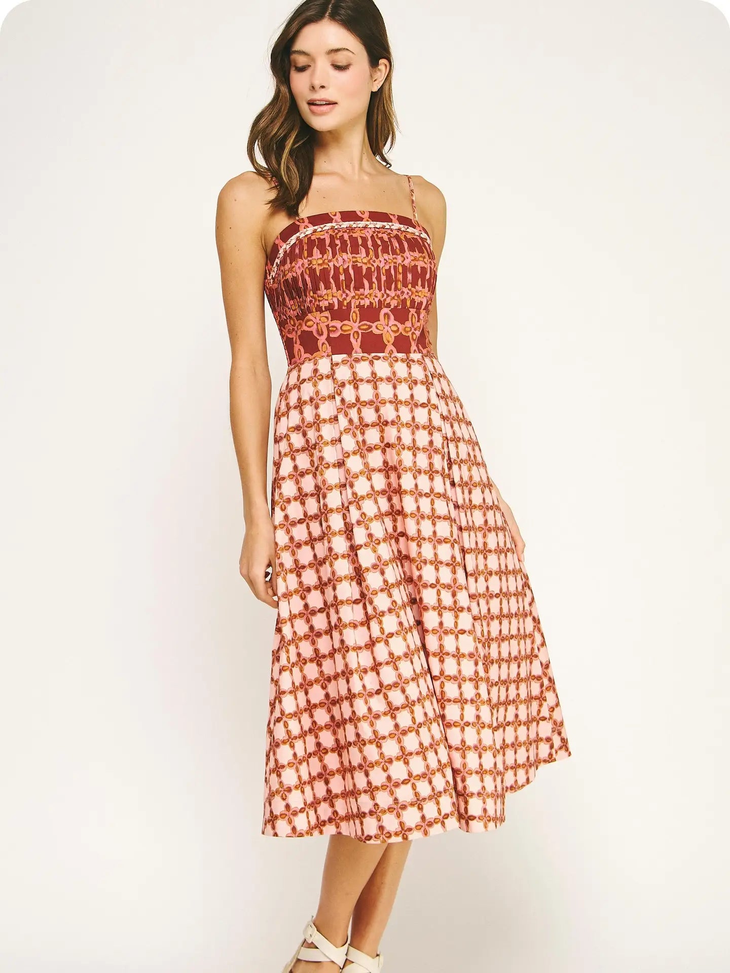 Braid Detail Chainlink Printed Block Midi Dress