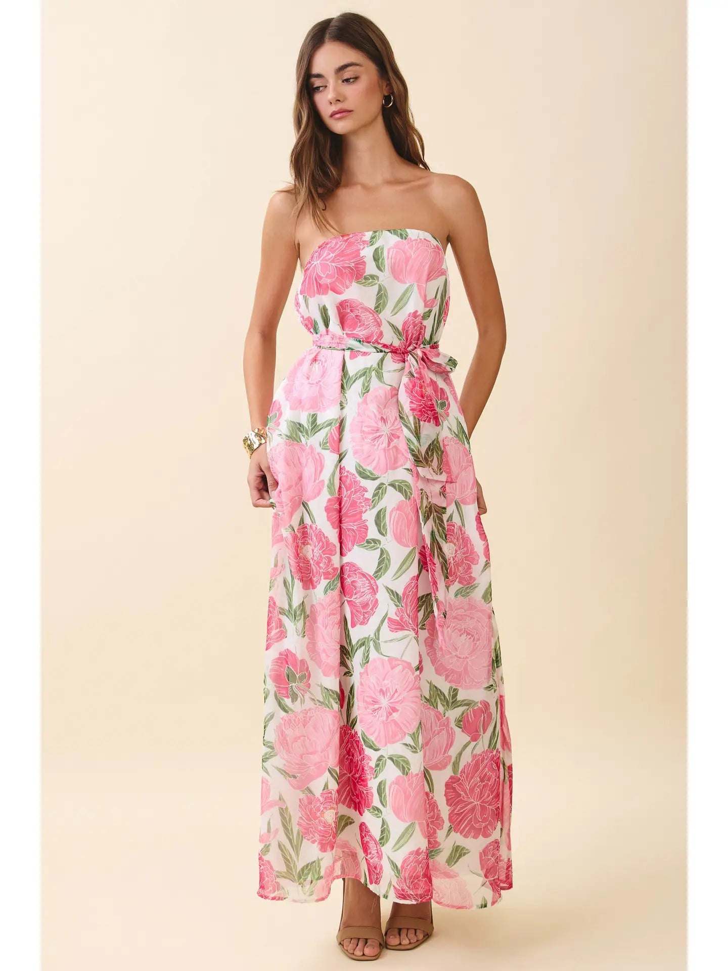 Strapless Floral Maxi Dress with Convertible Scarf