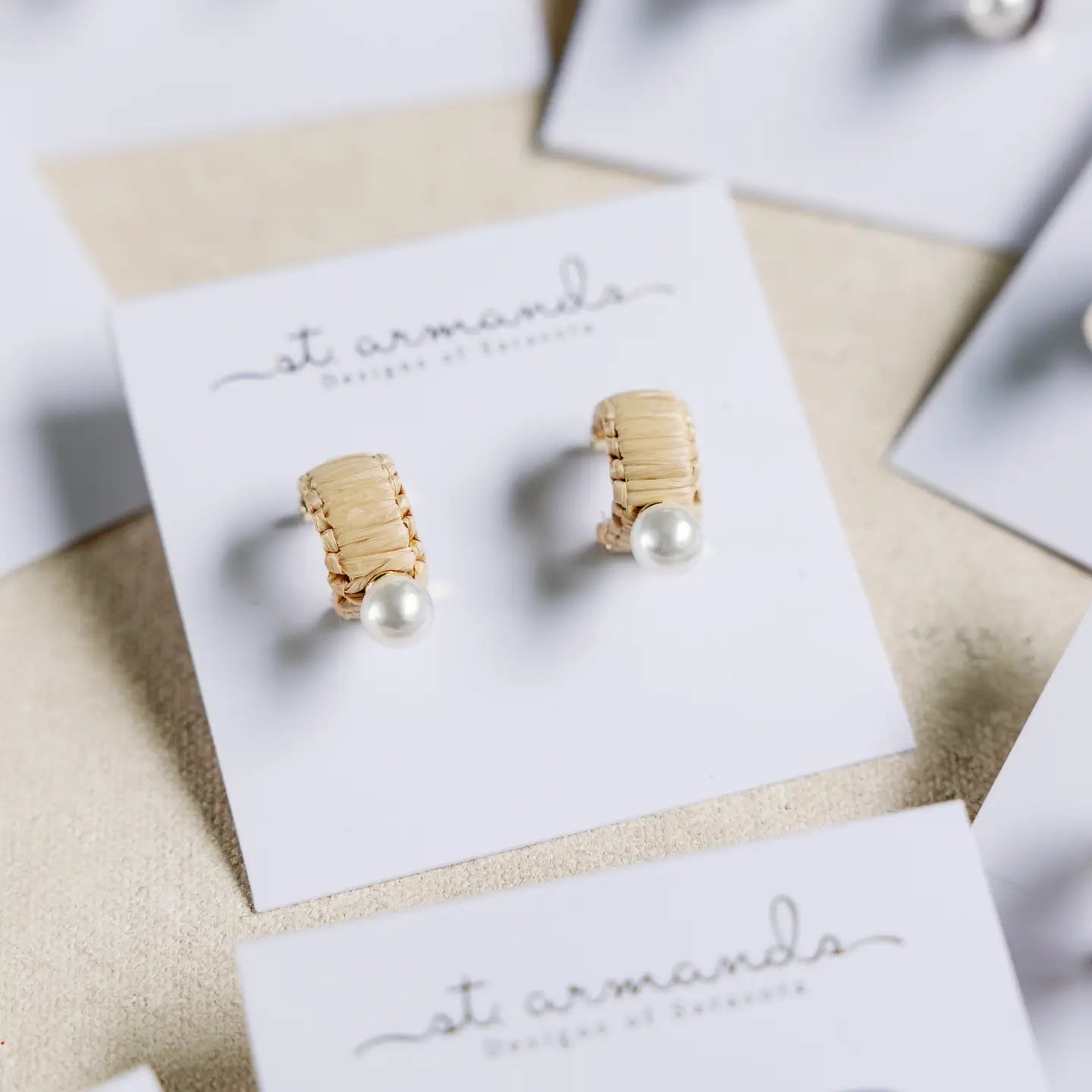 Mini Natural Raffia and Pearl Huggie Hoop Earring