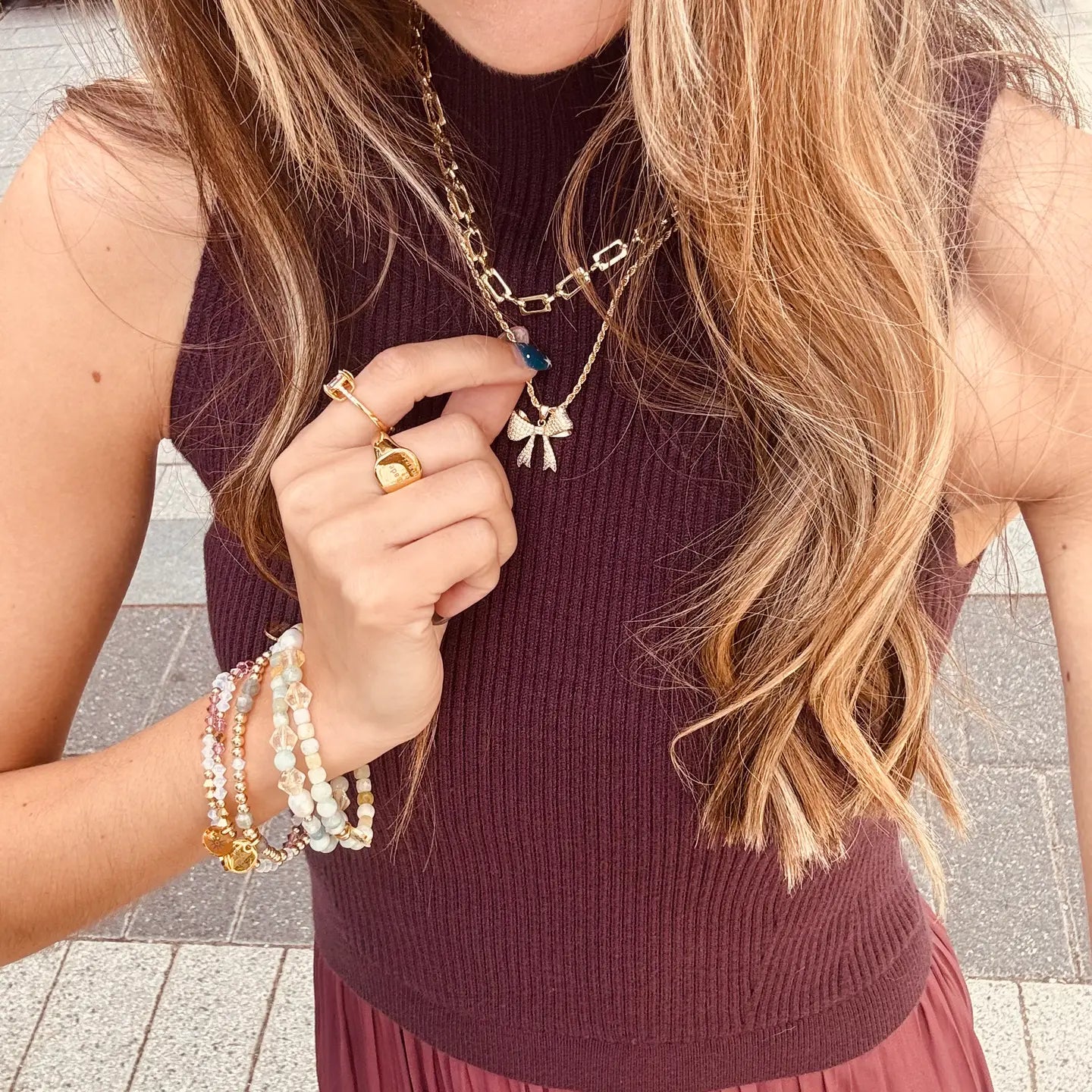 Dainty Gold Necklace with Bow Pendant in Colorful Zirconia
