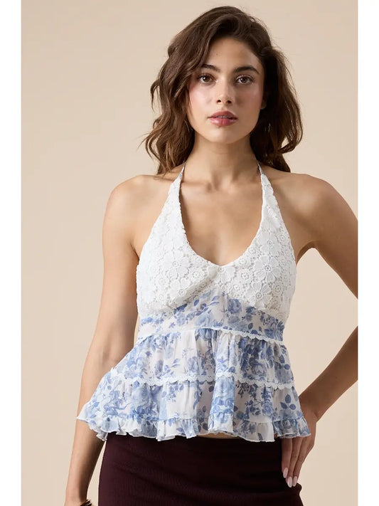White Eyelet Halter Bust Shaded Floral Cami Top