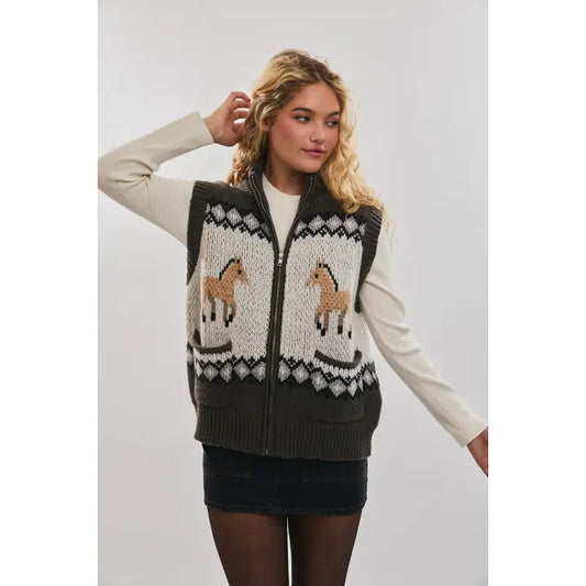 Drop Shoulder Horse Motif, Fairisle Sweater Vest