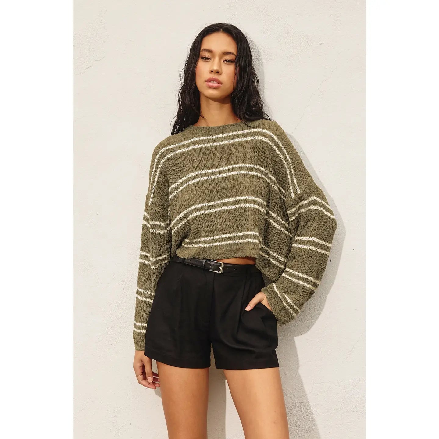 Double Striped Long Sleeve Open Knit Top