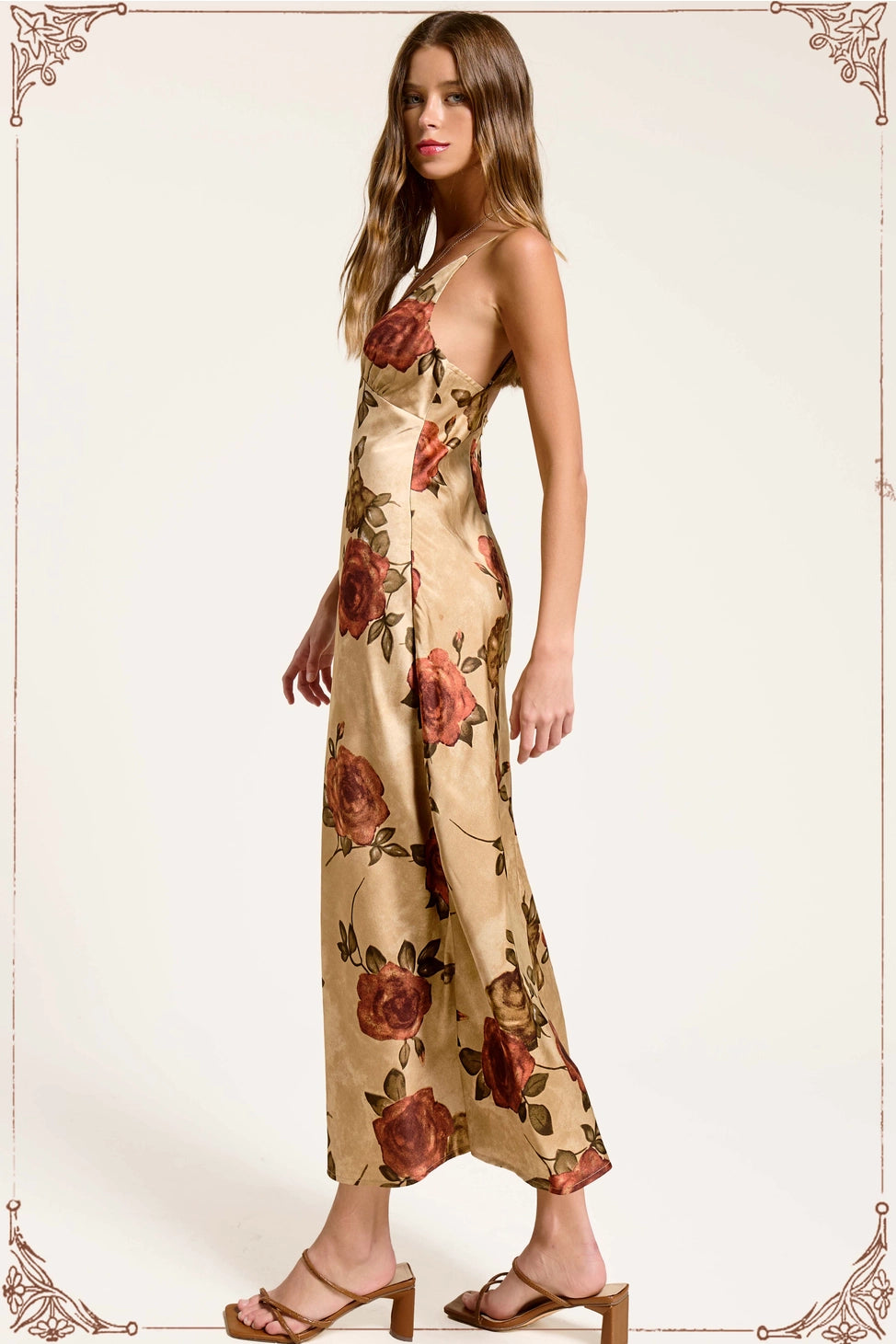 Floral Satin Midi Slip Dress