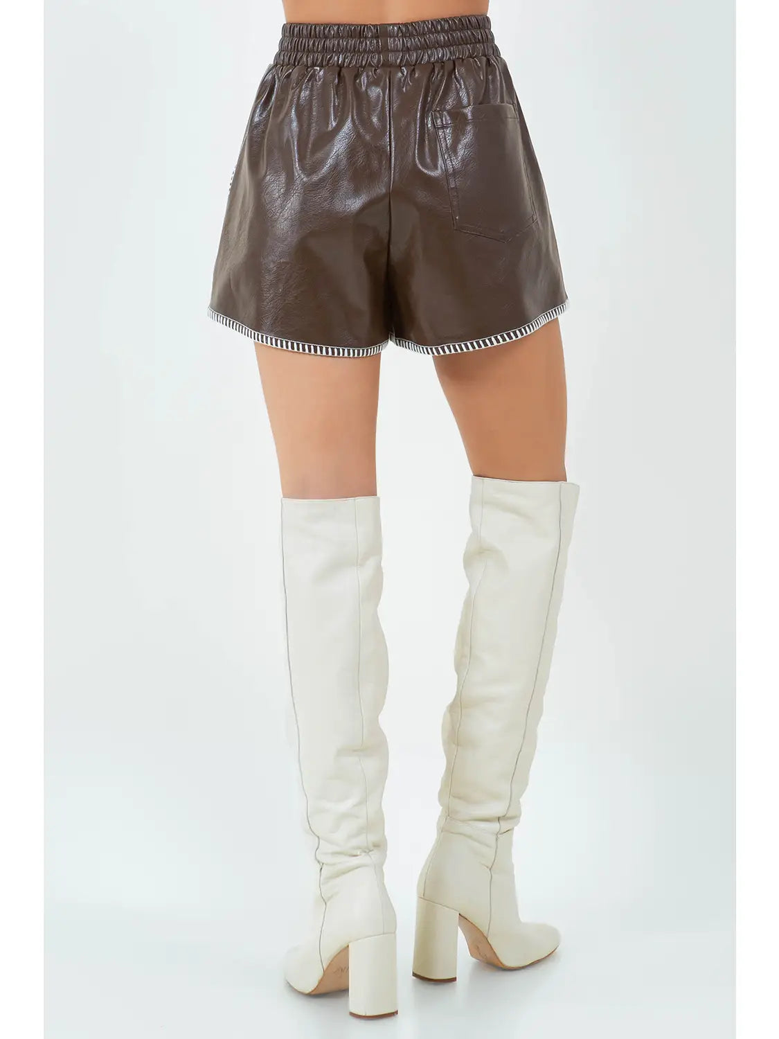 Contrast Blanket Stitched Pu Leather Shorts - Choco Brown