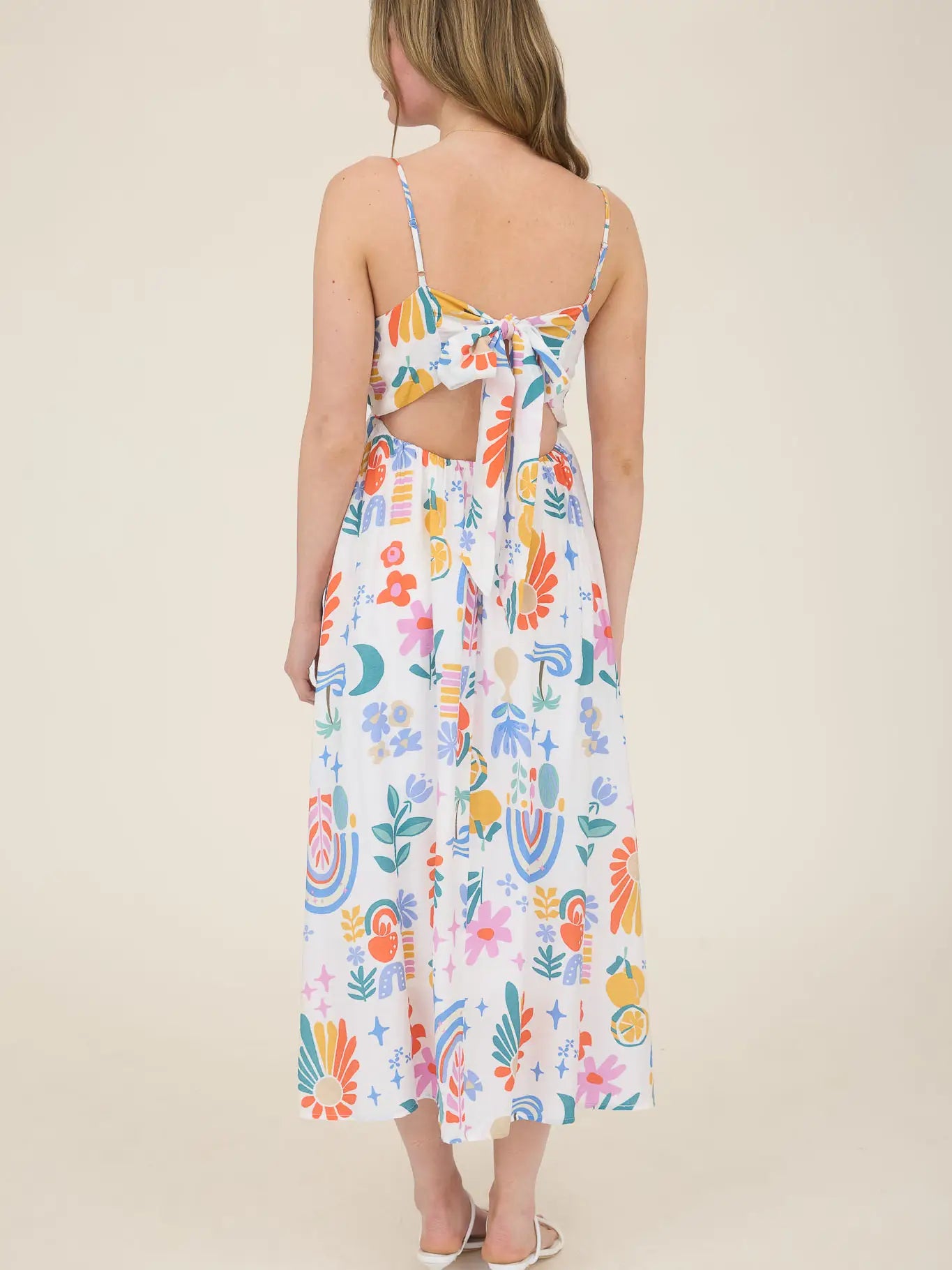 Summer Print Pleated Back Bow Midi Dress