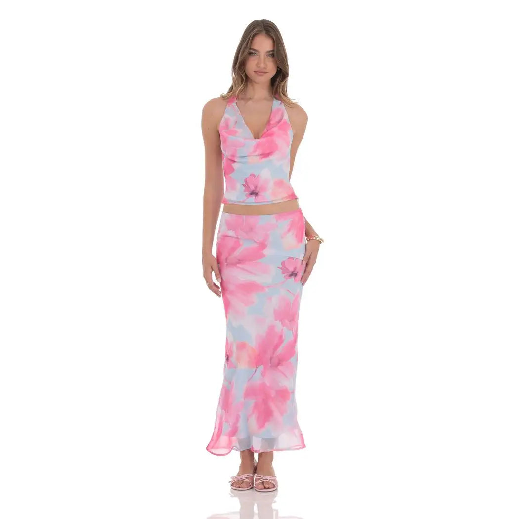 Tropical Floral Maxi Skirt in Blue and Pink