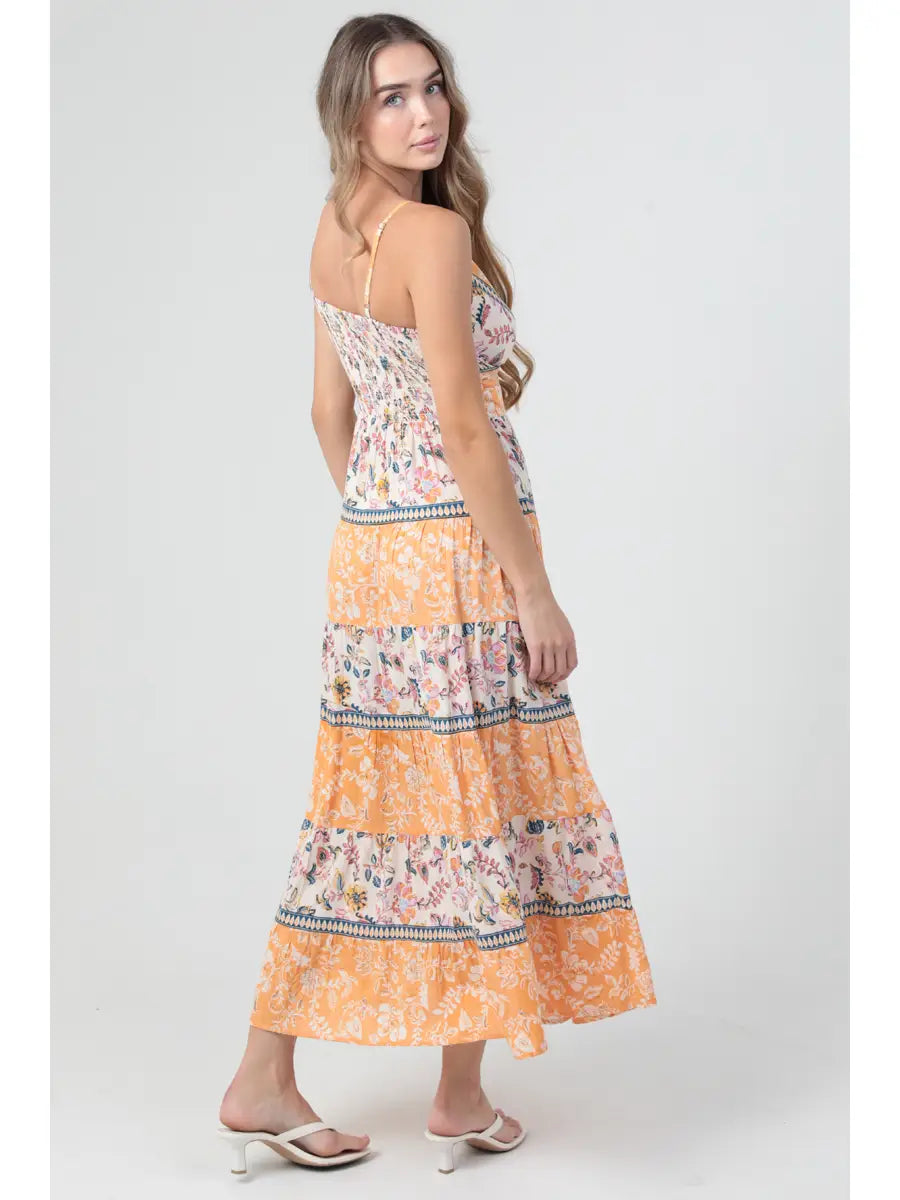 Autumn Floral Tiered Maxi Dress with Cut Out