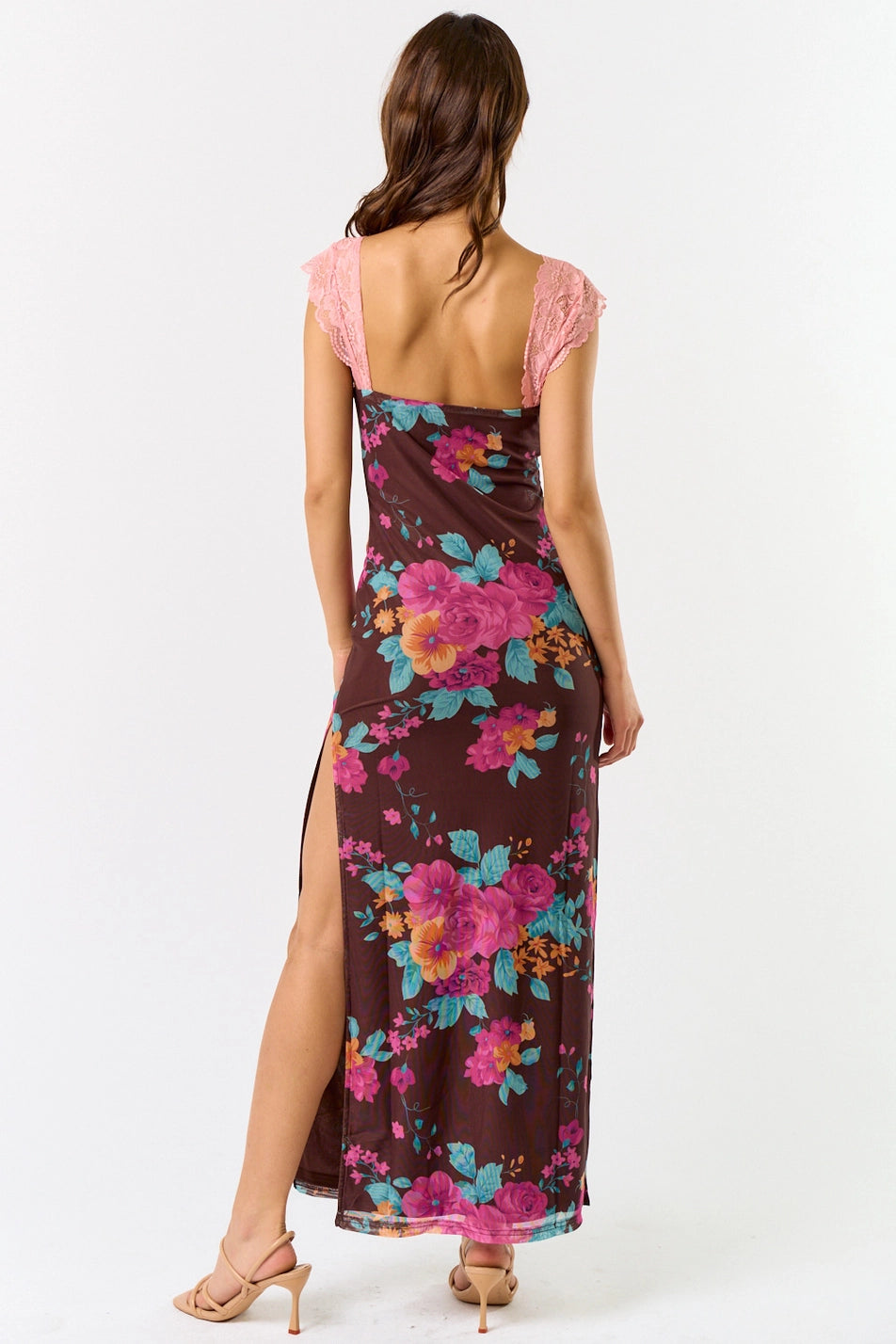 Mesh Floral Print Lace Detail Side Slit Maxi Dress
