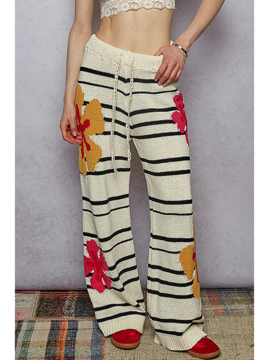 Floral Pattern Striped Chenille Sweater Pants