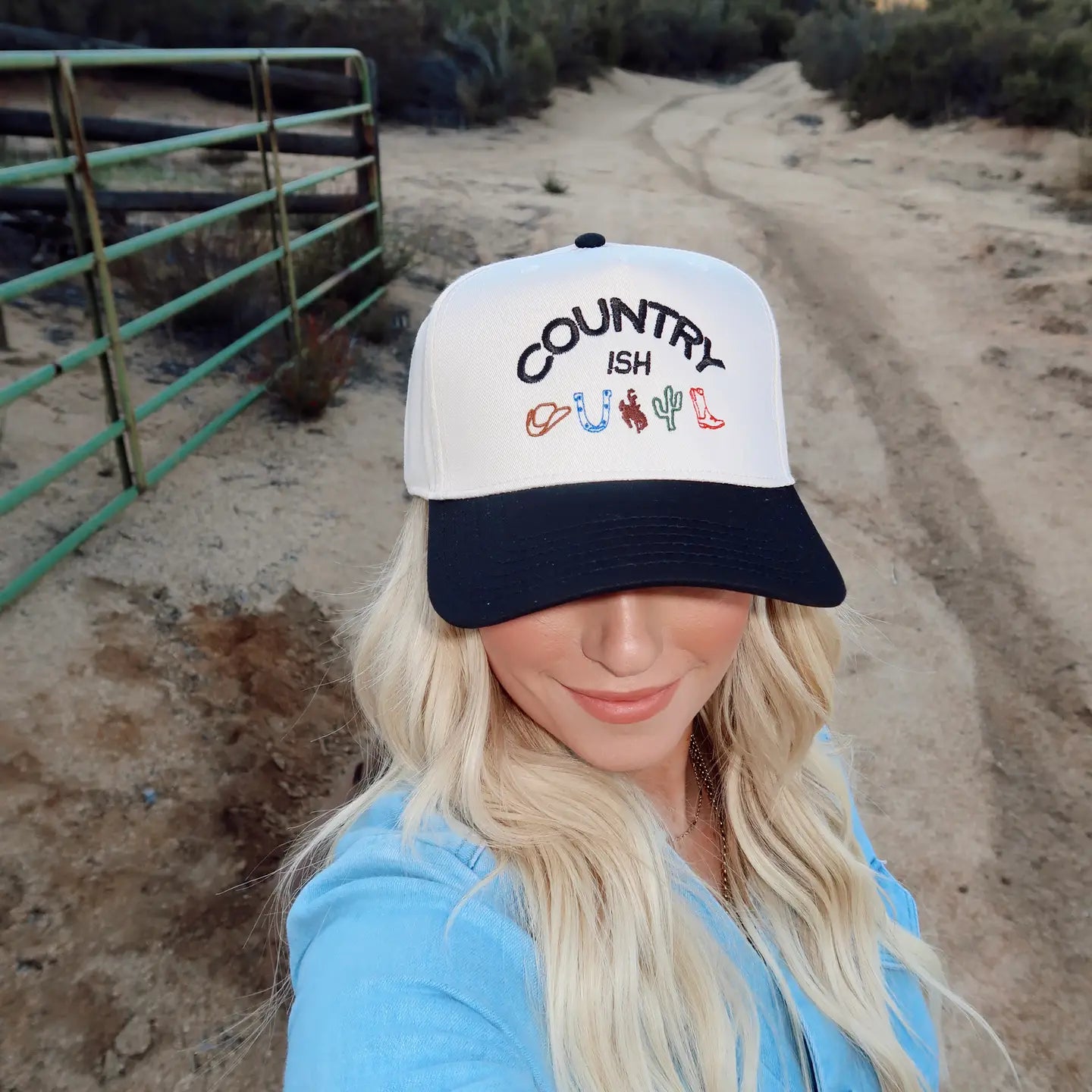 Country-Ish Embroidered Hat- Black/Natural Hat