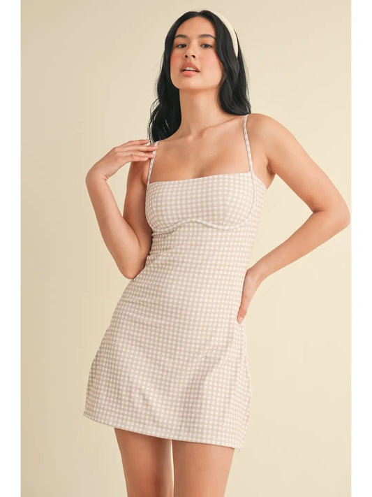 Beige Gingham Print Sweetheart Dress