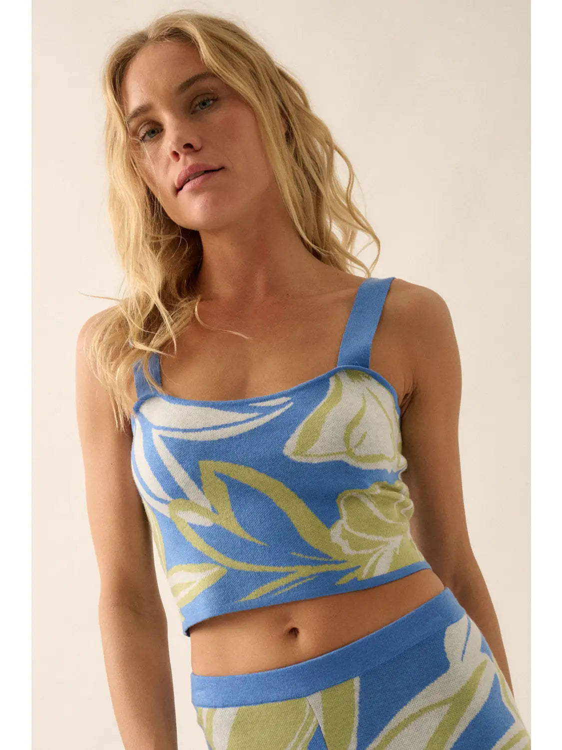 Tropical Floral Jacquard-Knit Sweater Tank Top