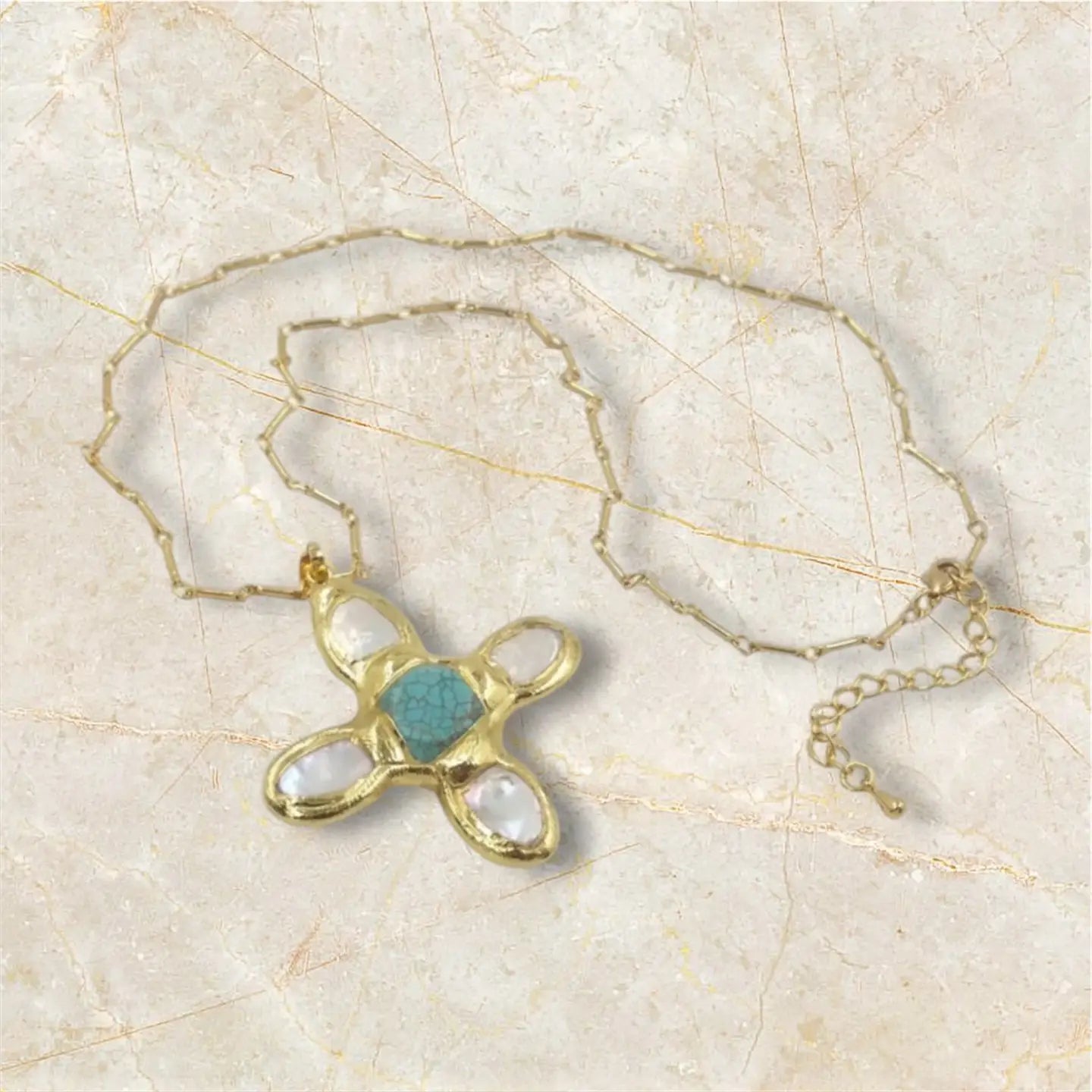 Pearl Cross Turquoise Pendant Necklace