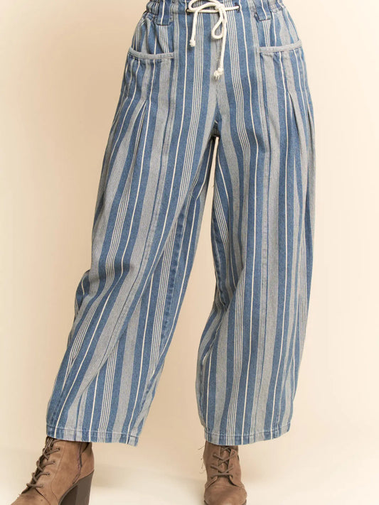 Washed Denim Striped Elastic Jean Pants