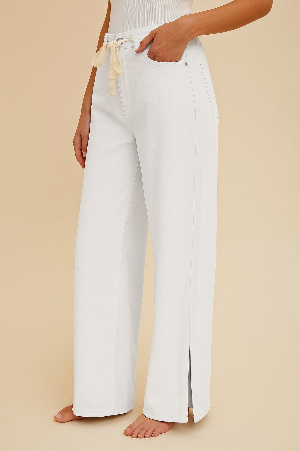 White Waist Strap Detail Stretch Side Slit Wide Leg Jean