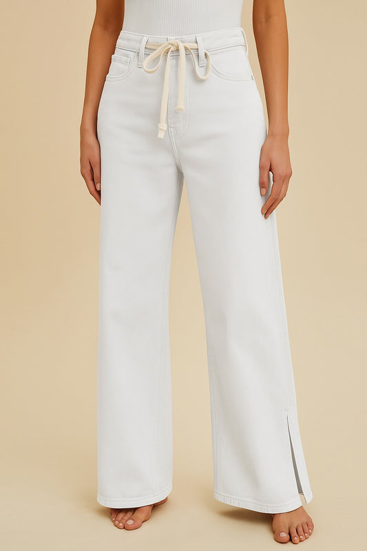 White Waist Strap Detail Stretch Side Slit Wide Leg Jean