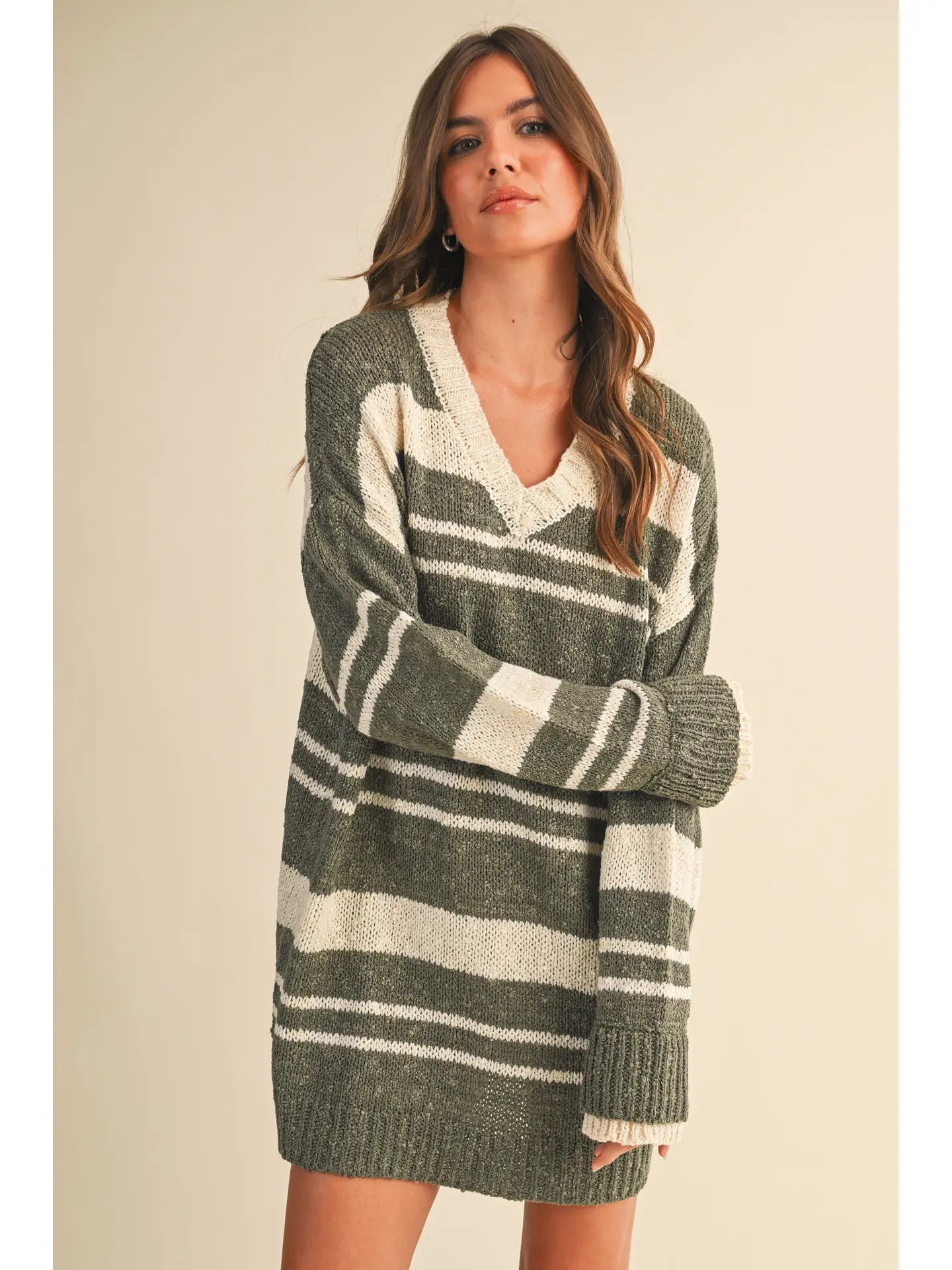 V Neck Oversized Striped Sweater Mini Dress