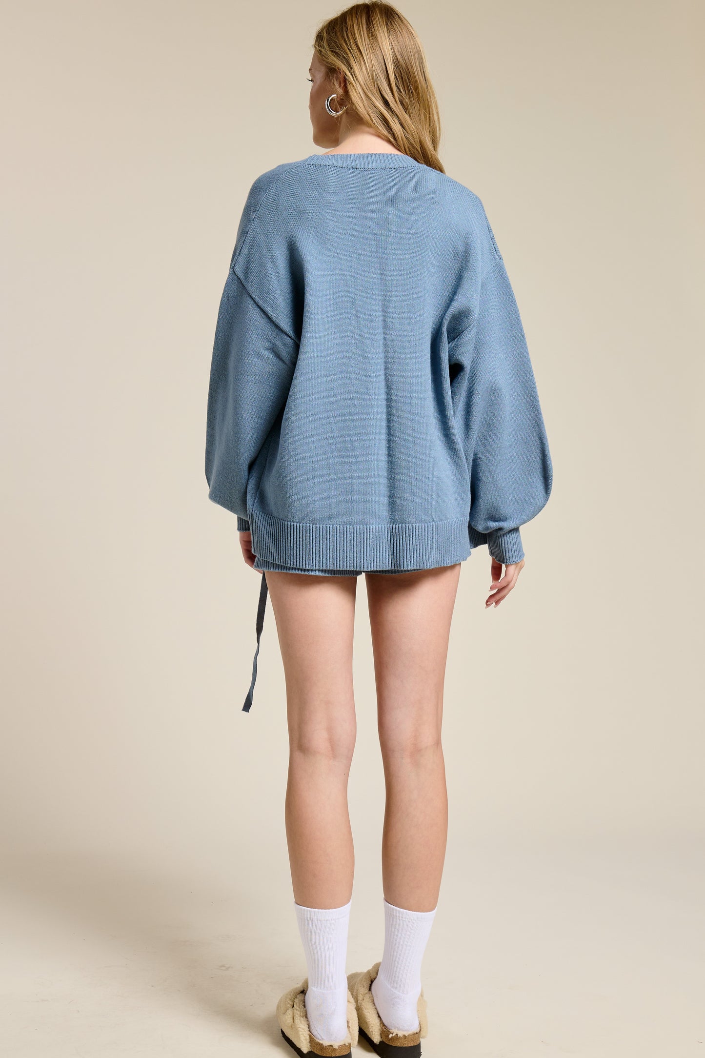 Self-tie Ribbon Slouchy Knit Cardigan Shorts Set
