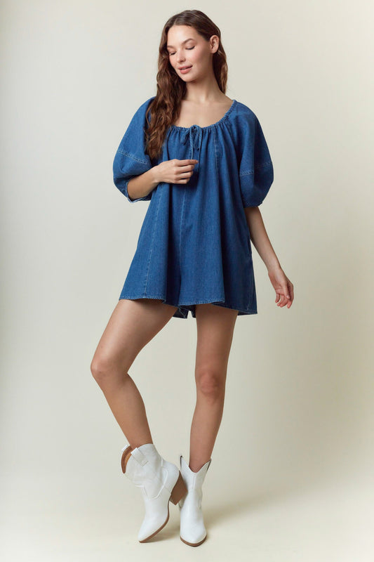 Washed Denim Front Tie Detail Easy Fit Romperb