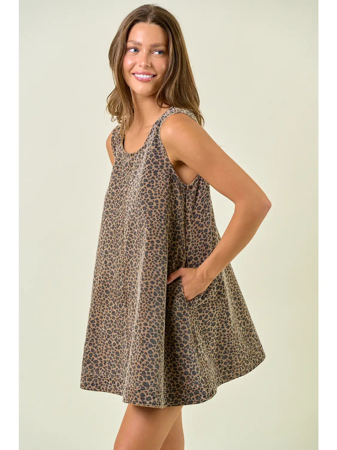 Leopard Double Scoop Neck Slvless Mini Dress