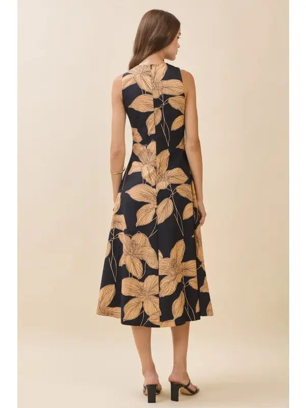 Bold Floral Print High Crew Neck Midi Dress