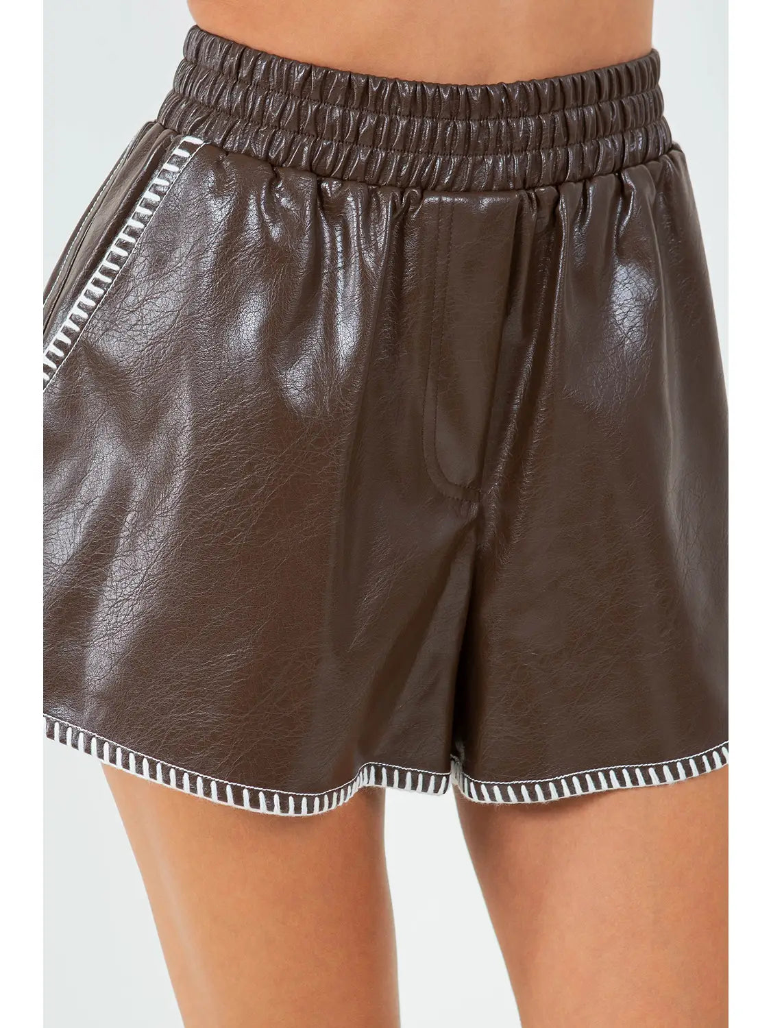 Contrast Blanket Stitched Pu Leather Shorts - Choco Brown