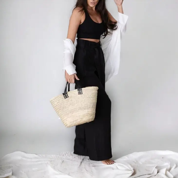 Black Leather Straw Market Tote