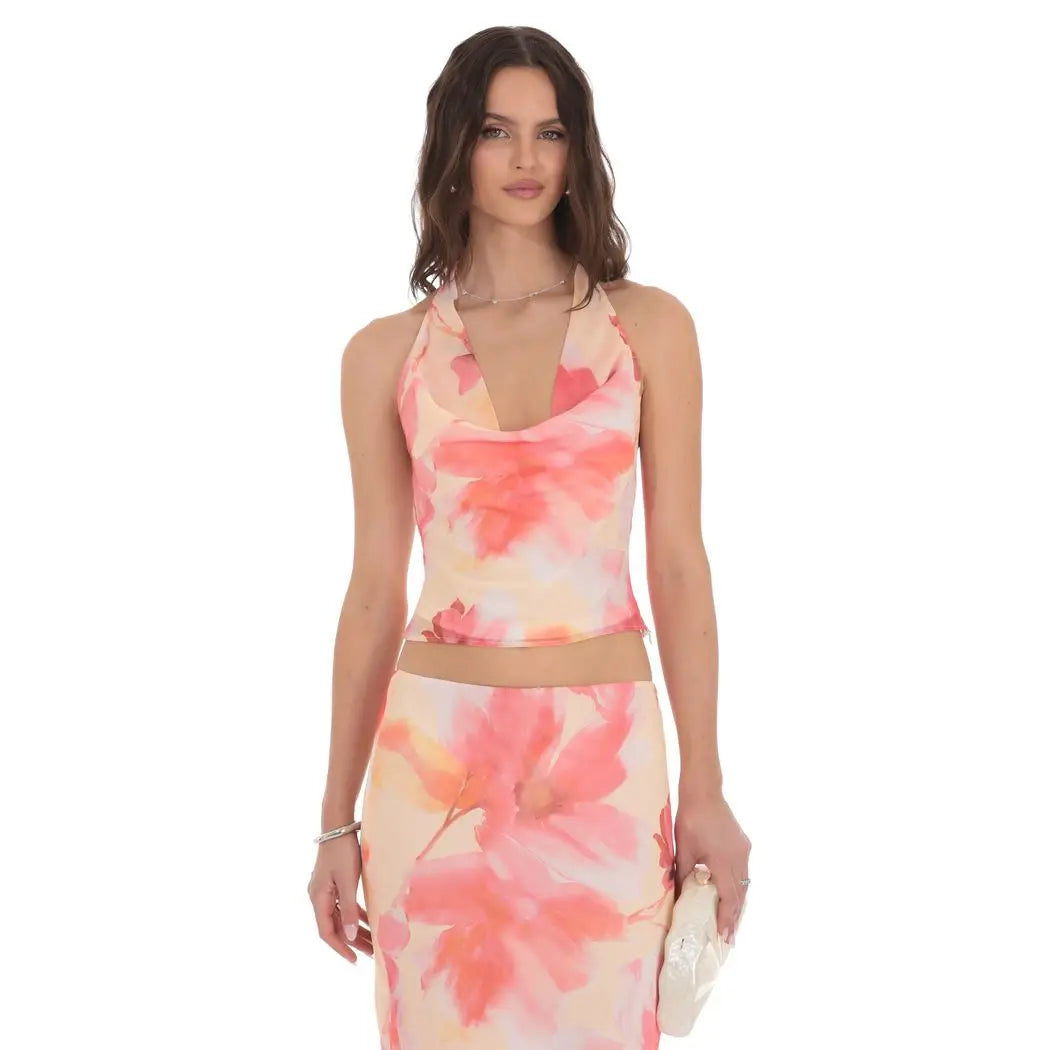 Floral Cowl Neck Halter Top in Orange