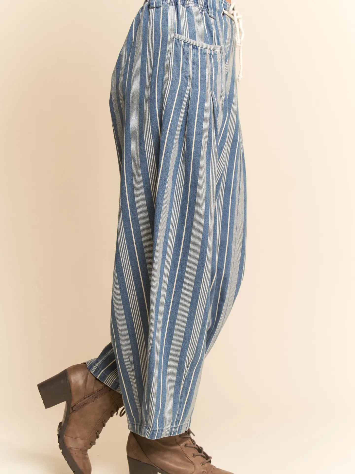 Washed Denim Striped Elastic Jean Pants