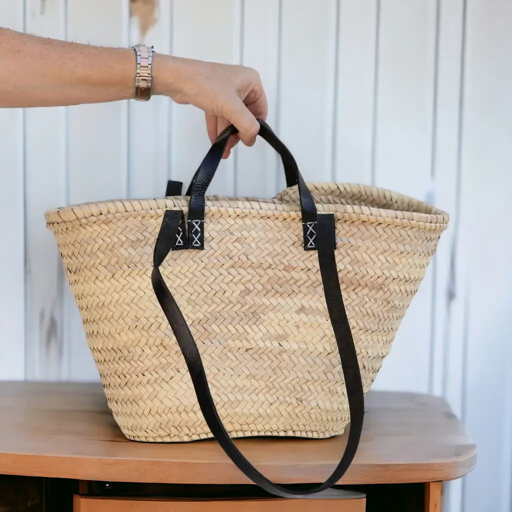 Black Leather Straw Market Tote