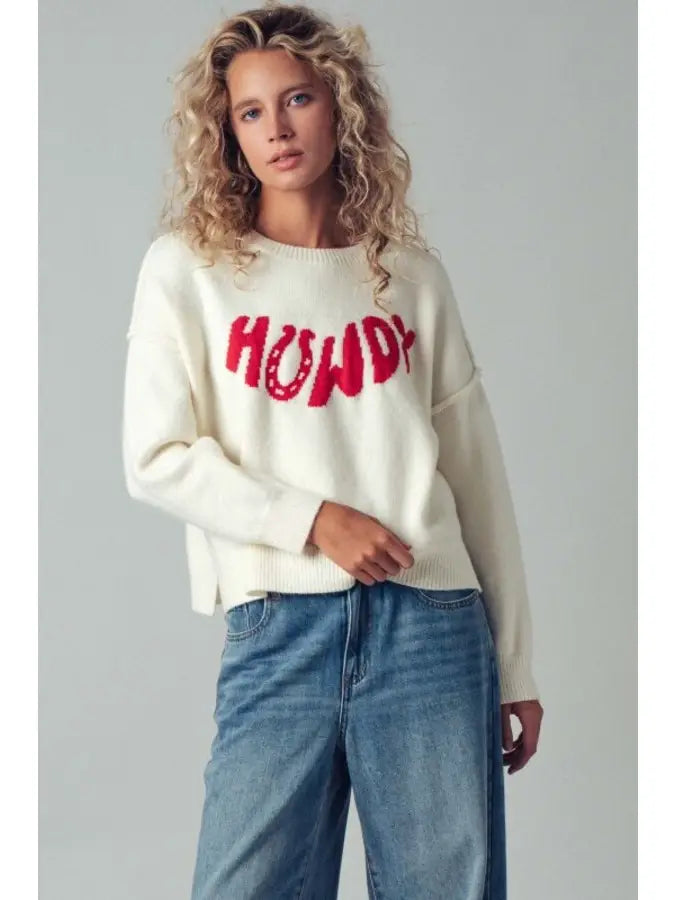 Howdy Slogan Crewneck Knit Sweater