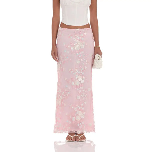 Sequin Floral Mesh Maxi Skirt in Pink
