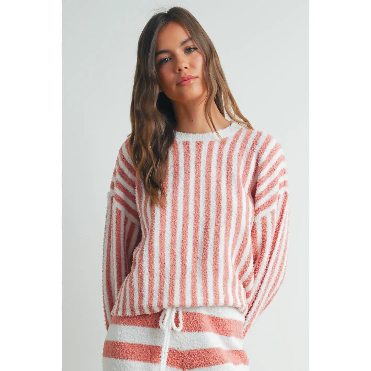 Mauve Cozy Striped Round Neck Sweater