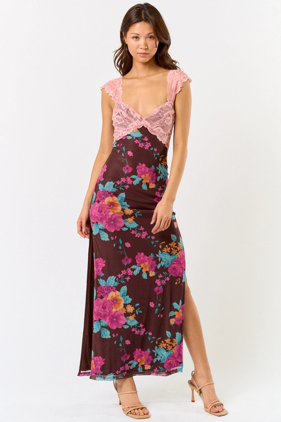 Mesh Floral Print Lace Detail Side Slit Maxi Dress
