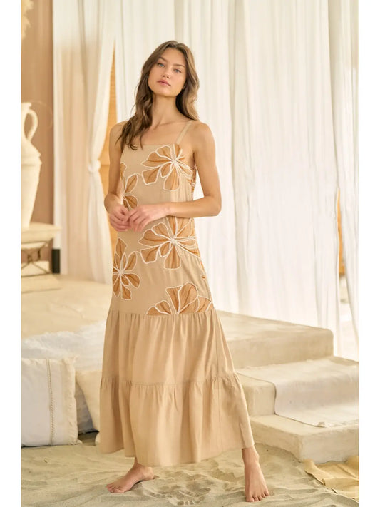 Floral Embroidery Linen Maxi Dress