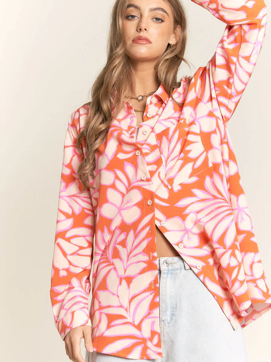Tropical Print Button Up Long Sleeve Top