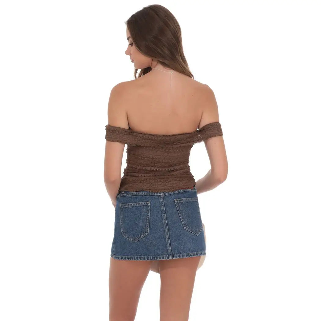 Ruffle Lace Off Shoulder Top in Brown