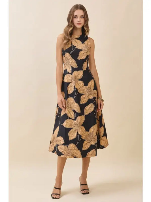 Bold Floral Print High Crew Neck Midi Dress