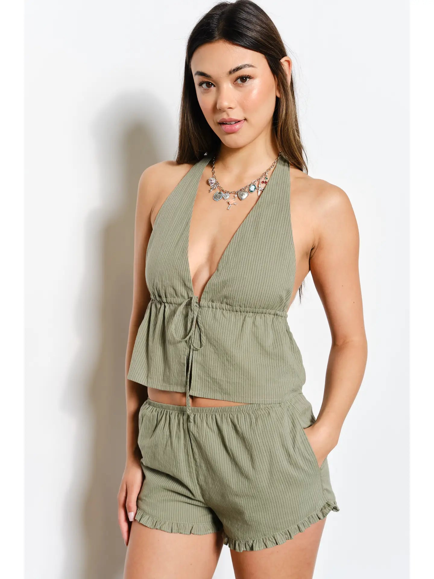 Olive Halter Neck Striped Top