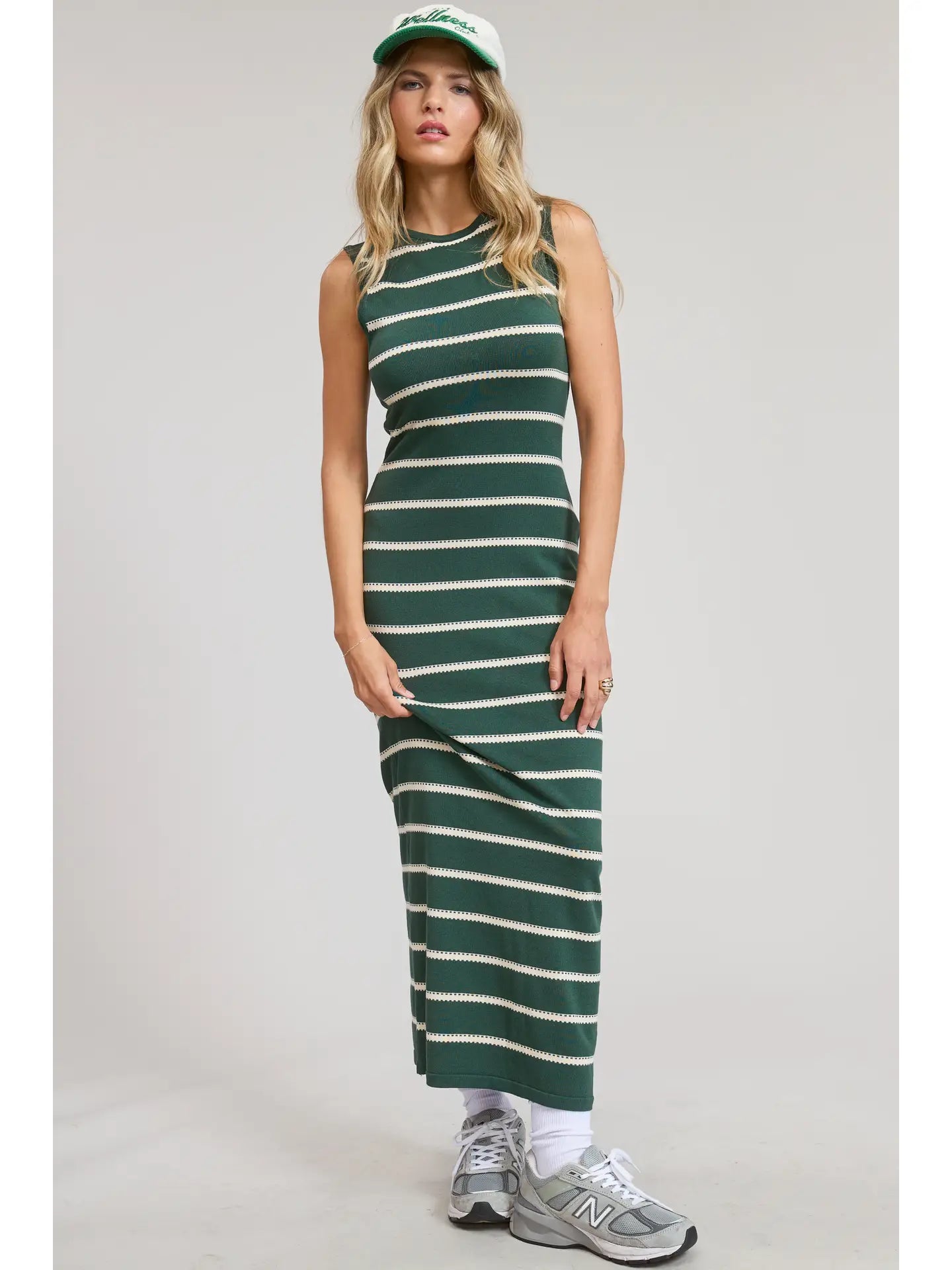 Sleeveless Knit Midi Dress with Striped Dot Detail