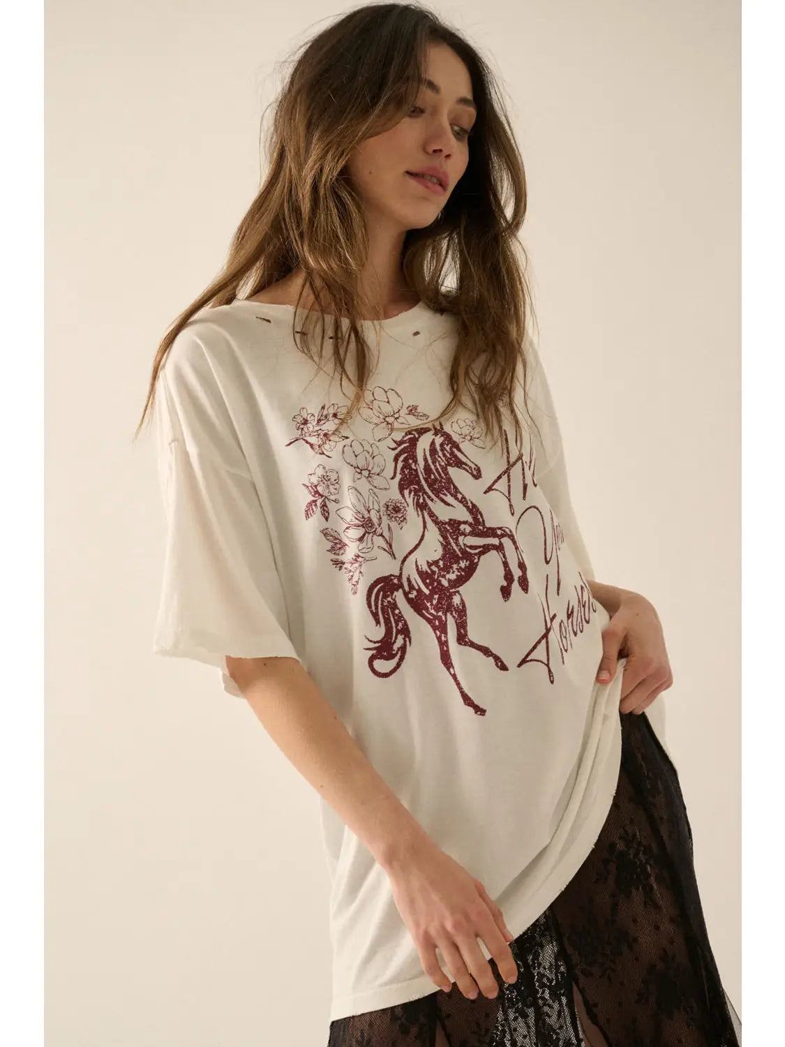 Hold Your Horses Distressed Oversized Graphic Tee