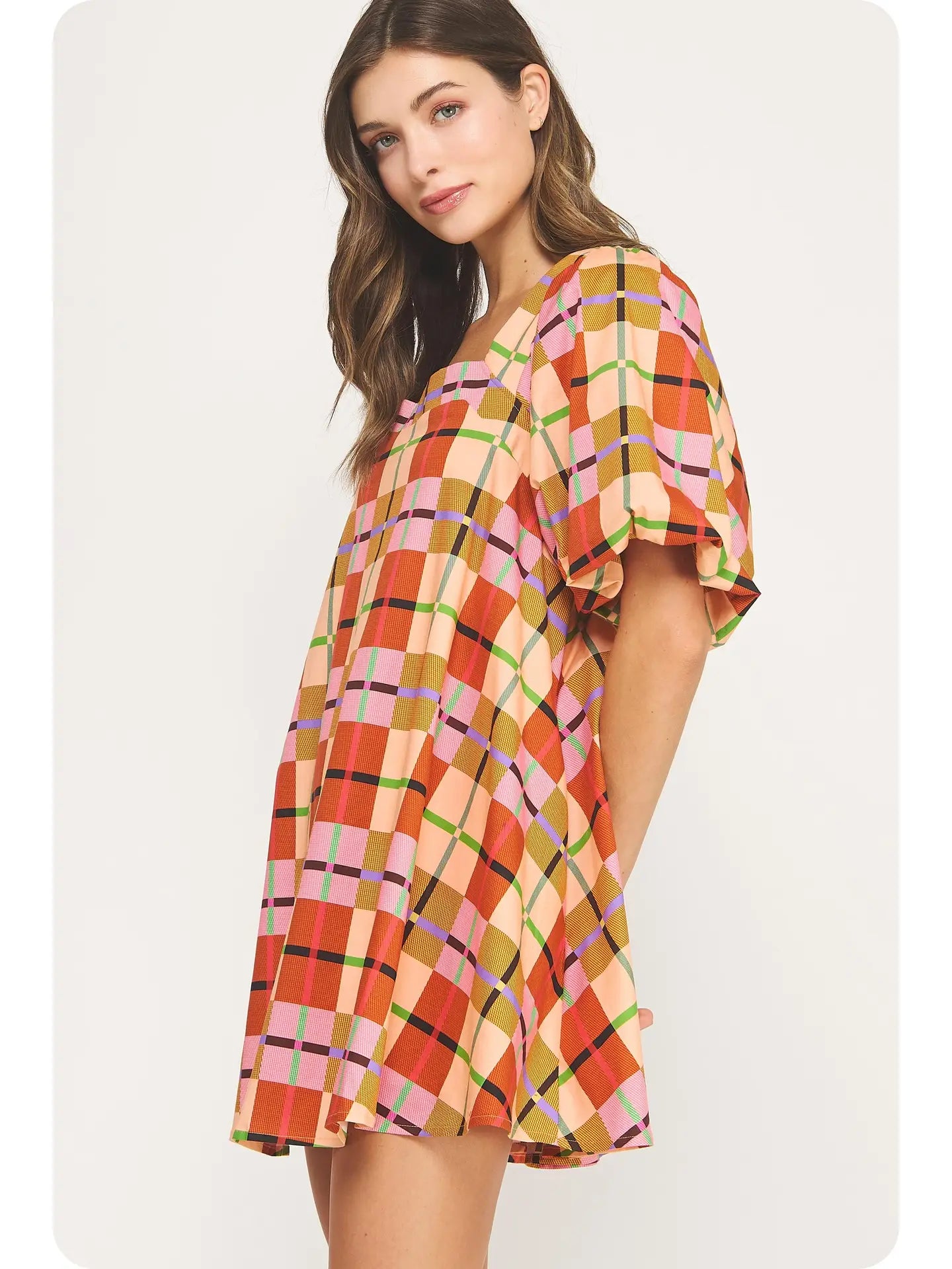Plaid Puff Short Sleeve Babydoll Mini Dress