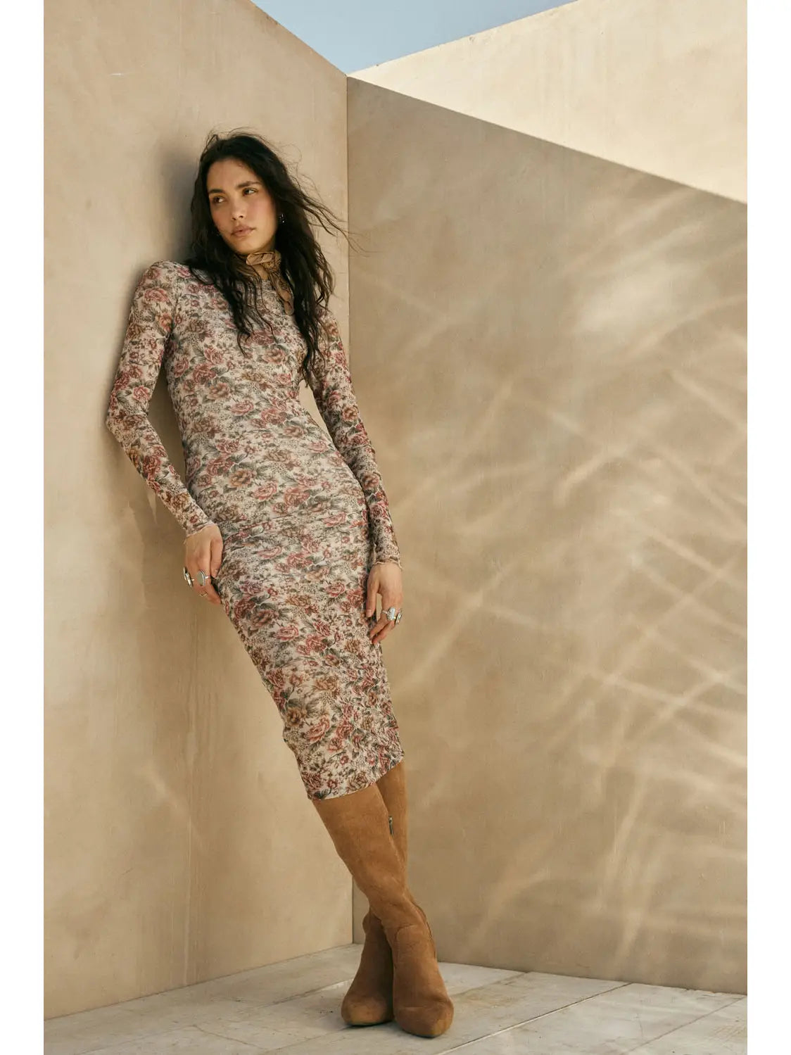 Floral Mesh Mock-Neck Long-Sleeve Midi Dress